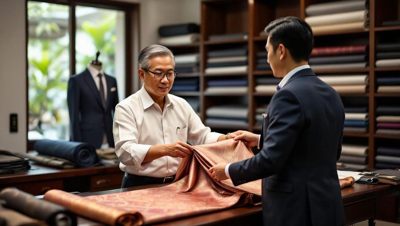 The Art of Bespoke Tailoring in Koh Samui A master tailor in a modern studio in Fisherman's Village discussing fabric choices with a client for a bespoke suit.