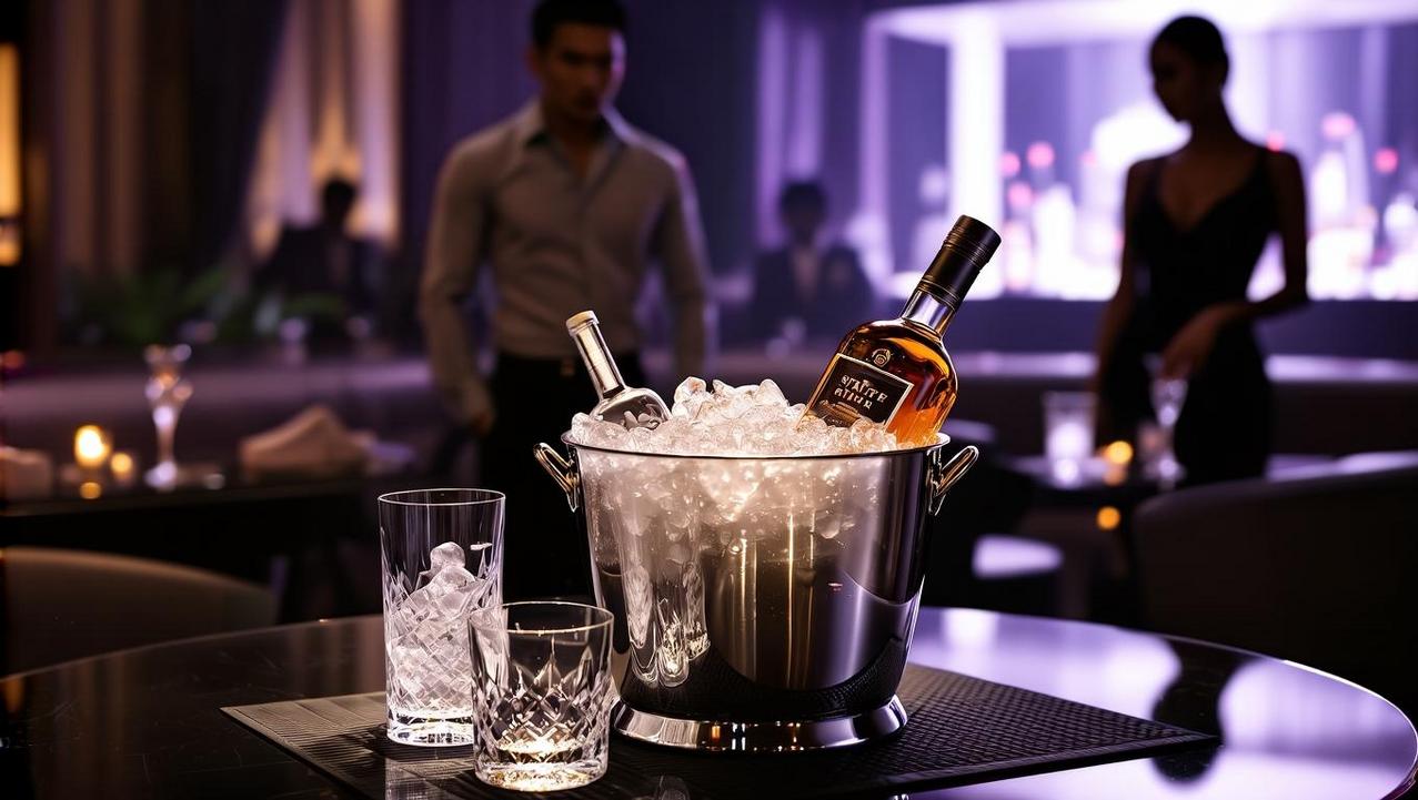 The Art of Thai Nightclub VIP Culture A close-up of a VIP bottle service table in a luxurious Thai club, with well-dressed patrons in the background, illustrating exclusive nightclub etiquette.