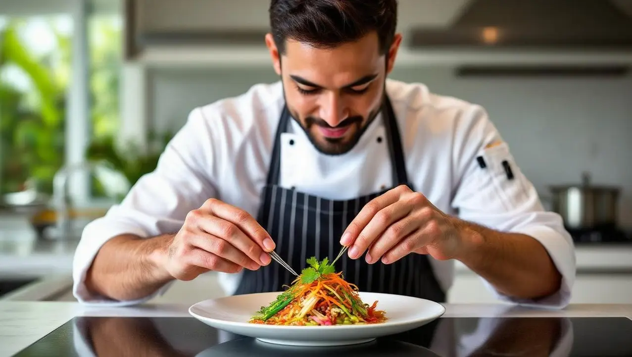 A smiling private chef carefully adds finishing touches to a beautifully plated gourmet meal, showcasing the artistry of a private chef in your villa.