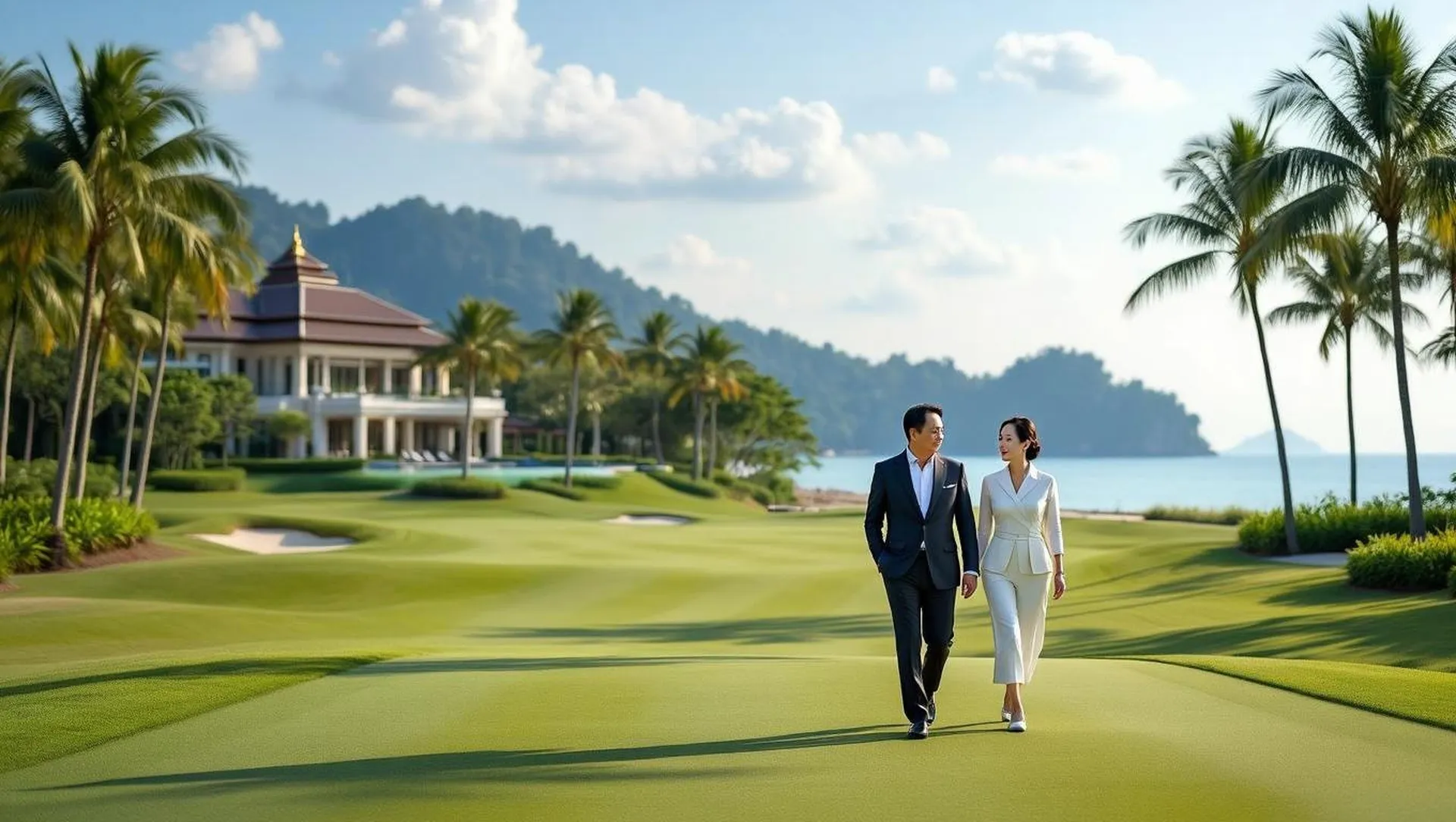 A couple enjoying a round of golf at a championship course within the Laguna Phuket integrated resort, showcasing the exclusive lifestyle amenities.