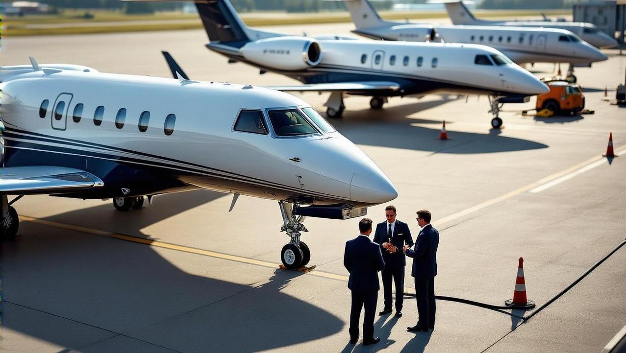 Several private jets on a tarmac with crew discussing logistics, illustrating the concept of empty leg flights for savvy travelers.