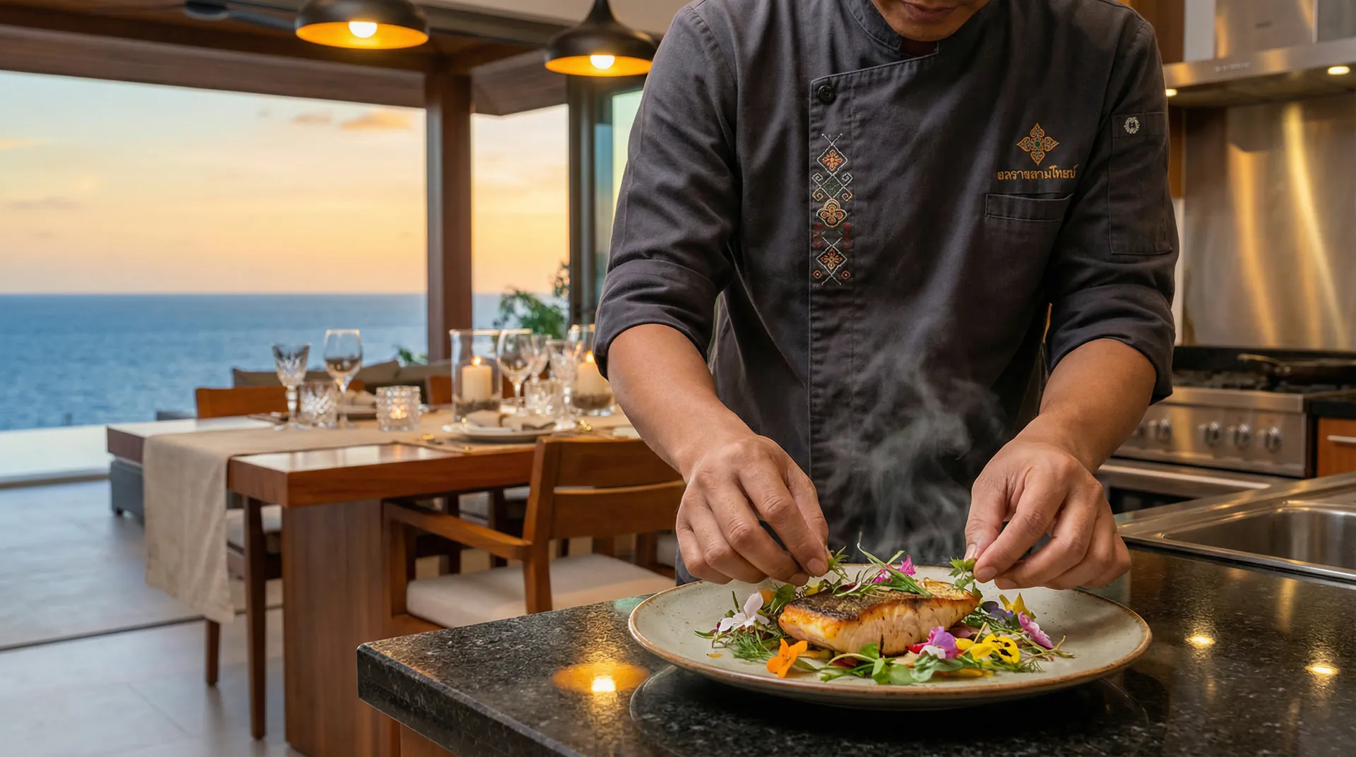 The Private Chef Culinary Experience A close-up of a private chef expertly preparing an authentic Thai meal in the modern kitchen of a luxury villa, highlighting the bespoke culinary service available.