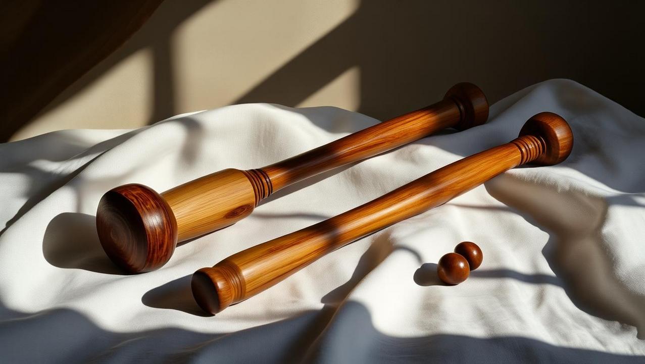 The Sacred Tools of Lanna Healing An artistic still life photo of the traditional wooden Tok Sen mallet and peg, highlighting their handcrafted details and the rich texture of tamarind wood.