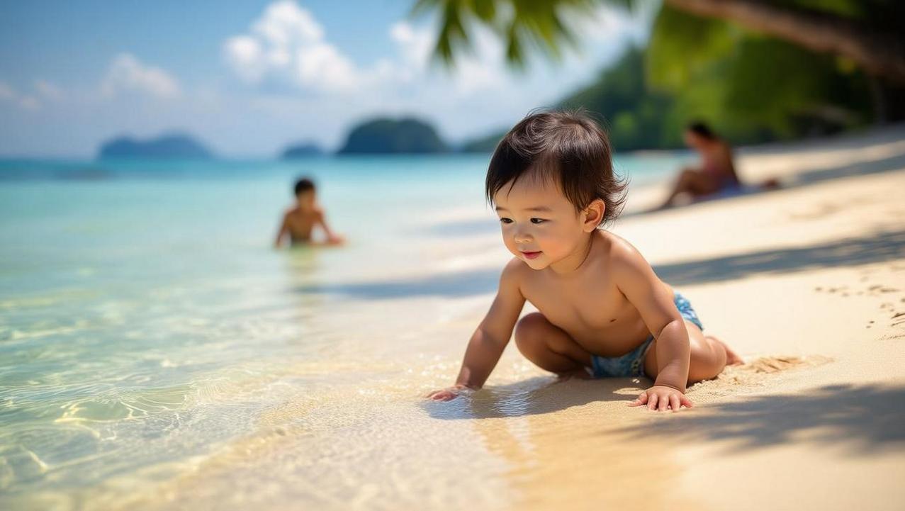 A child playing safely in the calm, shallow waters of Maenam beach, highlighting its family-friendly environment.