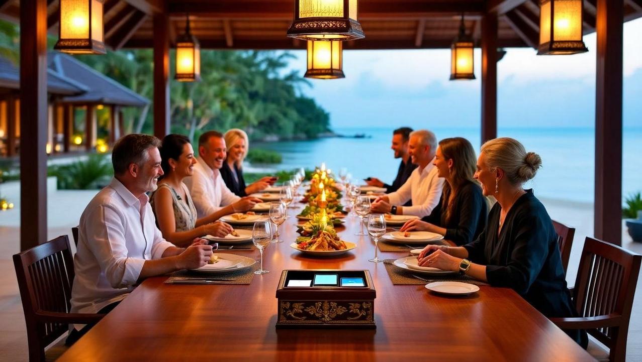 The Ultimate Bespoke Private Villa Sanctuary A group of friends enjoying a lavish dinner at a long wooden table in an open-air dining area, part of the ultimate bespoke private villa sanctuary, offering stunning views of the ocean under evening lanterns.