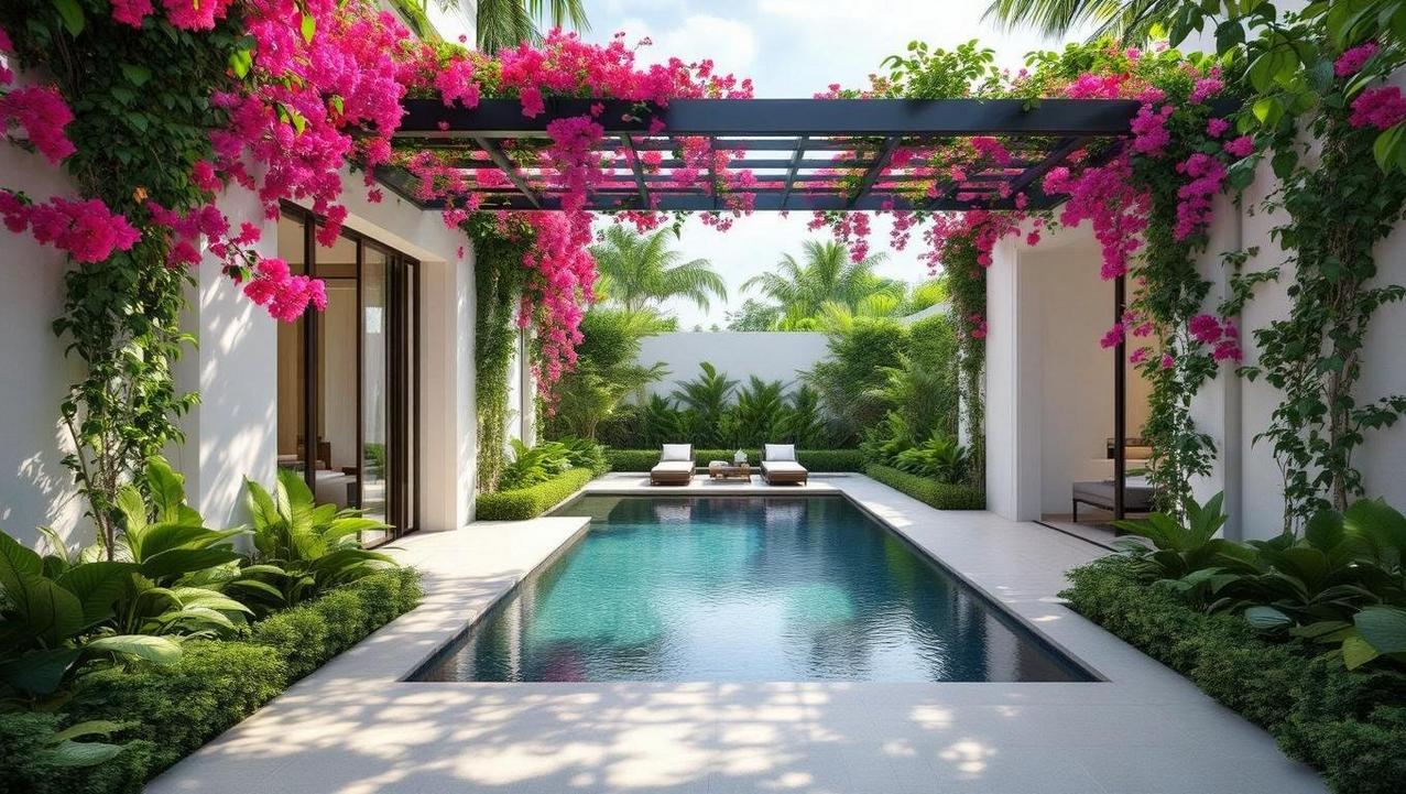 A luxurious three-levels-luxury-villa features a rectangular swimming pool surrounded by vibrant pink bougainvillea and lush green foliage, ensuring ultimate privacy.