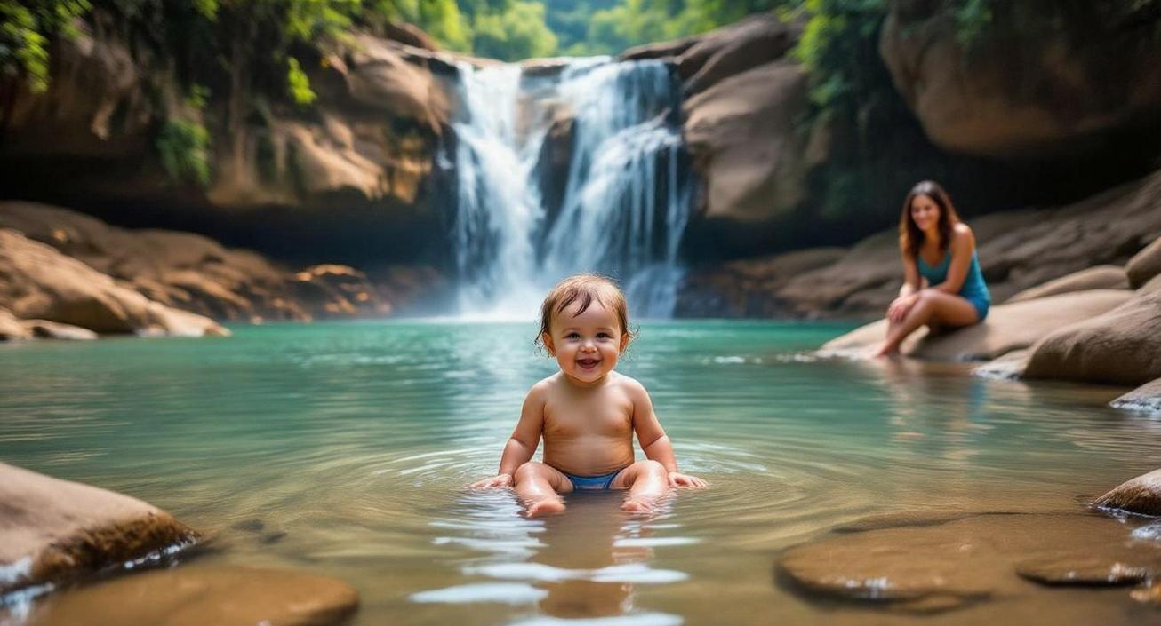 A toddler enjoys a giggling splash zone at the base of a beautiful waterfall, with a smiling woman বসে on rocks in the background, making it an ideal family travel destination.
