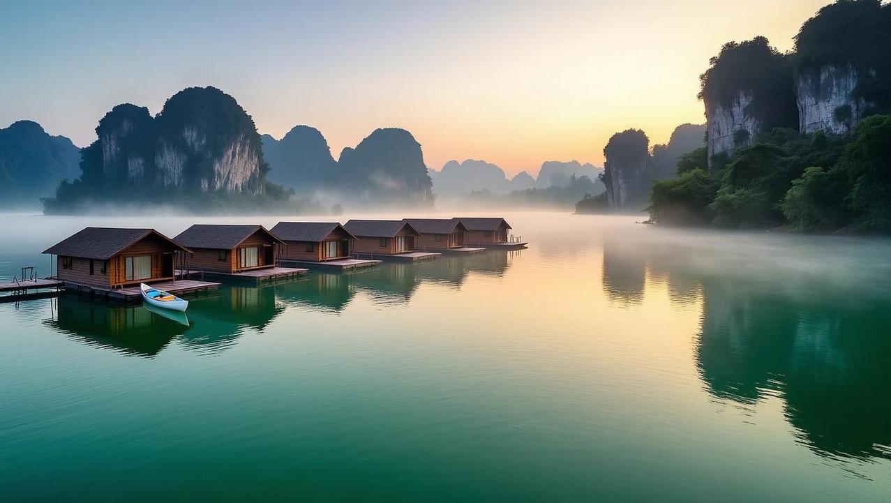 Tranquil Floating Bungalows on Cheow Lan Lake A tranquil morning view of the iconic floating bungalows on Cheow Lan Lake, Khao Sok, nestled among stunning limestone karsts.