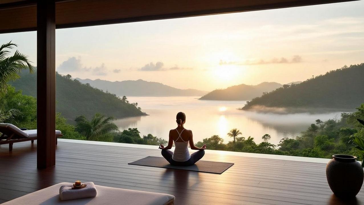 A woman practicing yoga on a luxury villa deck at sunrise, overlooking a serene bay, representing the tranquil, wellness-focused vibe of Koh Samui.