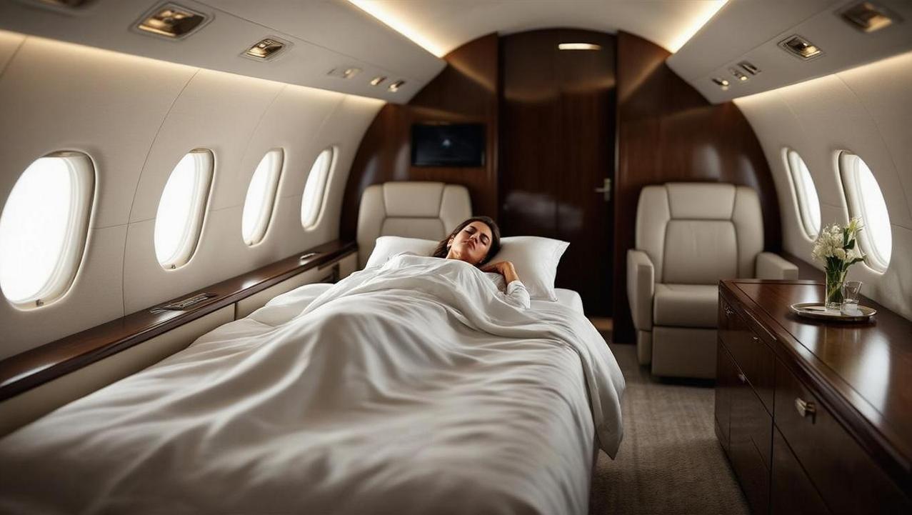 Ultimate Intercontinental Luxury: The Heavy Jet Lie-Flat Bed A true lie-flat bed in a quiet, luxurious heavy jet cabin, essential for arriving refreshed on intercontinental flights to Thailand.