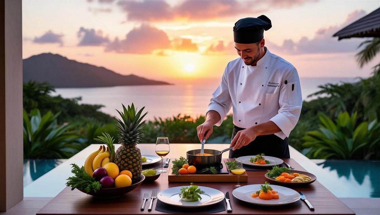 Ultimate Privacy and Customization in a Villa Retreat A private chef prepares a dining experience on a luxurious villa patio at sunset, offering ultimate privacy and customization in a stunning retreat overlooking the ocean.