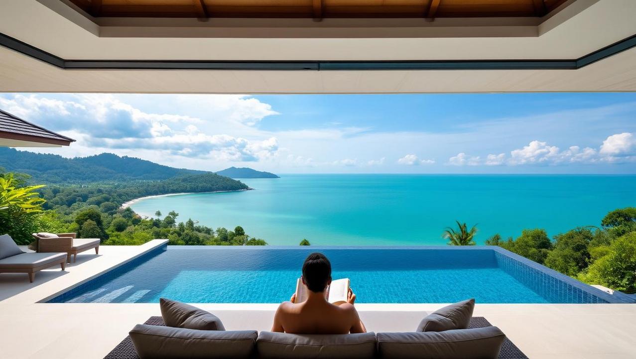 The Unparalleled Privacy of a Villa Detox A vibrant, photorealistic image showing a person peacefully reading by a private infinity pool at a Koh Samui villa, demonstrating the private villa advantage for a digital detox.