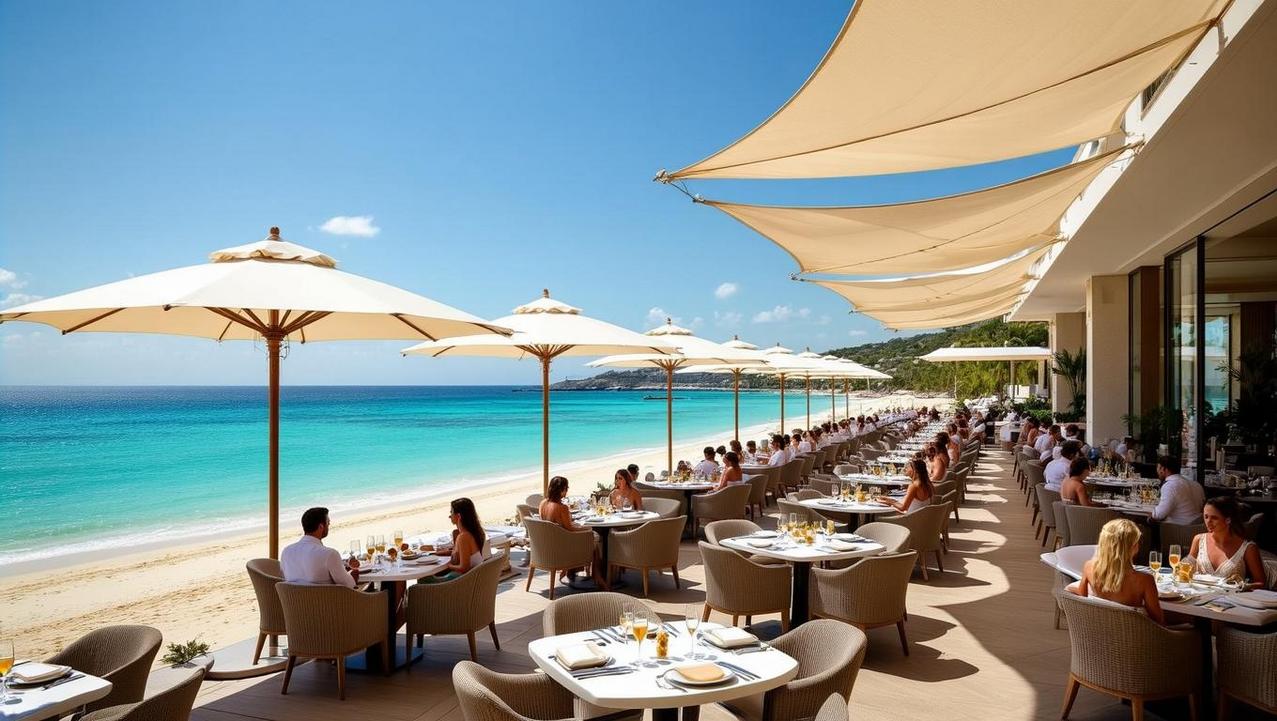 The Value of a Koh Samui Resort Day Pass Diners enjoy a meal at an outdoor beachfront restaurant in Koh Samui with large umbrellas providing shade, illustrating the value of a resort day pass.