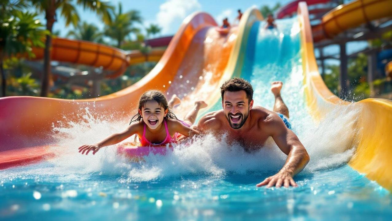 Vibrant Family Fun at a Phuket Water Park A family laughing as they slide down a colorful water slide at Andamanda Water Park in Phuket, showcasing family-friendly activities.
