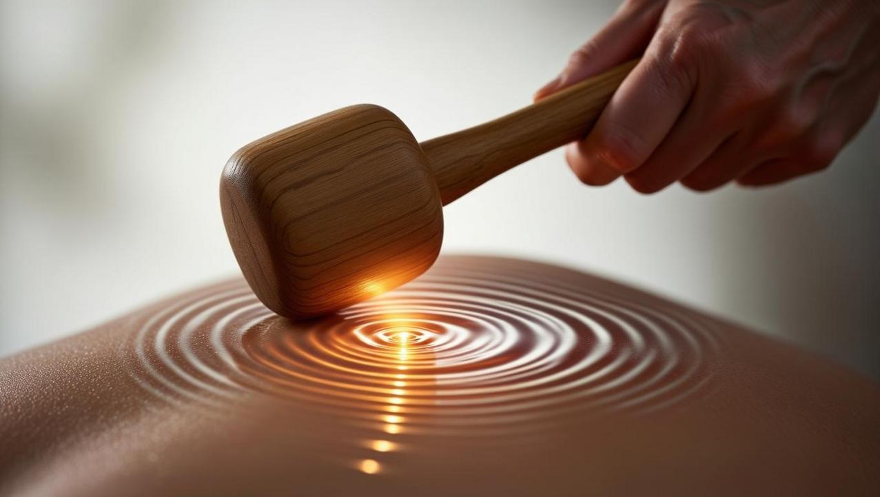 Vibrational Healing of Tok Sen Massage A macro shot showing a Tok Sen mallet tapping a peg on a person's back, with artistic light ripples visualizing the deep vibrational healing effect.
