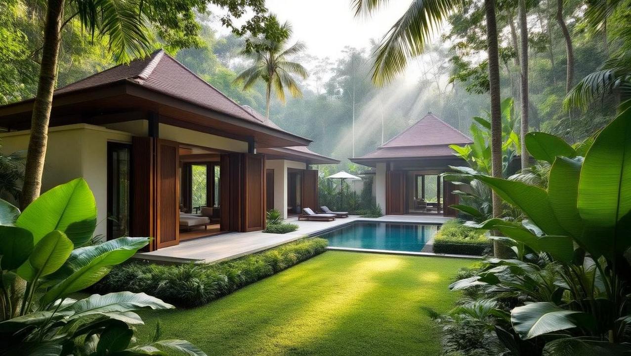 Villa Design for Ultimate Architectural Discretion A serene villa-design featuring two traditional-style pavilions bordering a swimming pool and lush green lawn, nestled amidst a dense tropical forest with sunbeams filtering through, offering ultimate architectural discretion.