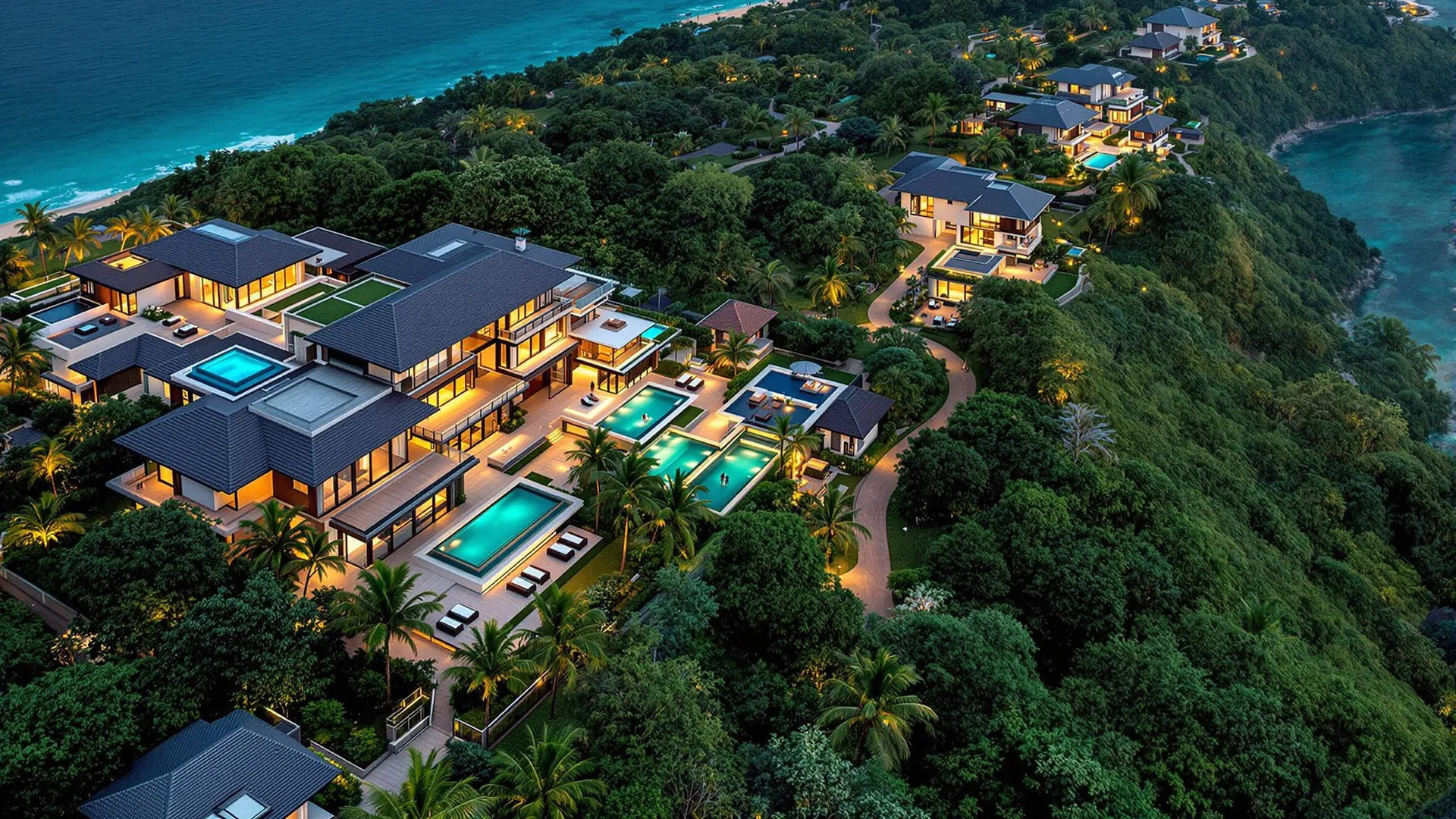 The Villa Estate Concept for Very Large Groups An aerial view of a main luxury villa with smaller satellite villas connected by paths on a Thai hillside, illustrating the villa estate concept for over 20 guests.