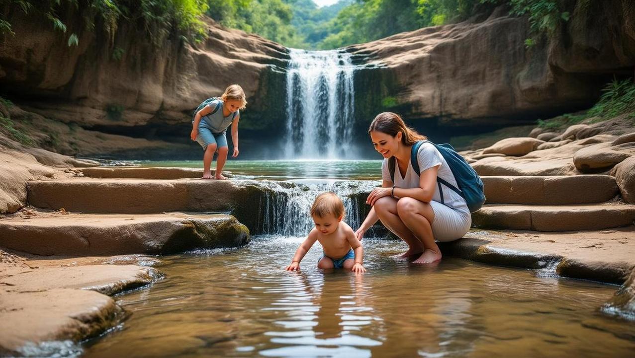 A family with a toddler safely enjoys the gentle flow and dry paths of Kathu Waterfall during the dry season, the ideal time for young kids.