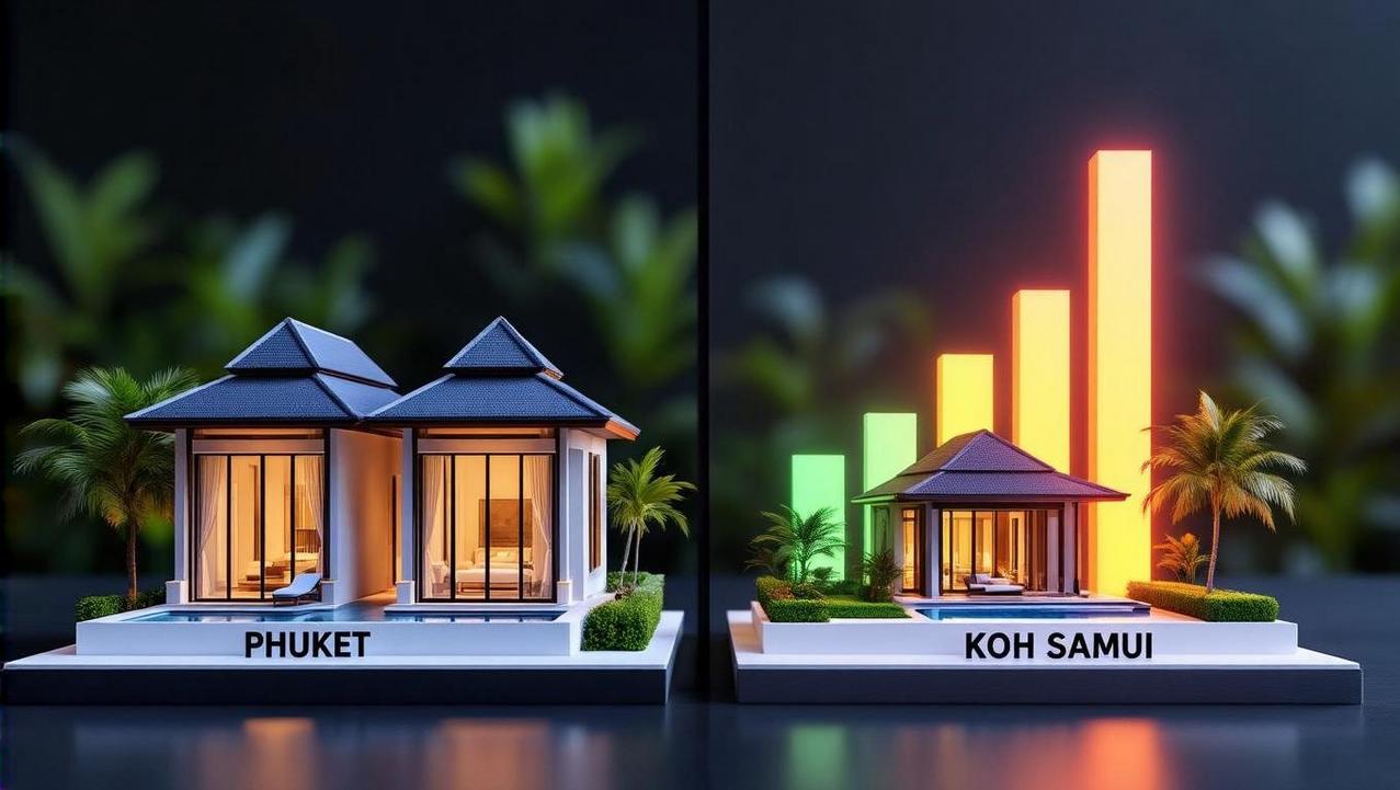 An infographic-style visualization comparing the higher rental yield potential of a Koh Samui villa to the stable yield of a Phuket villa, using glowing bar graphs.