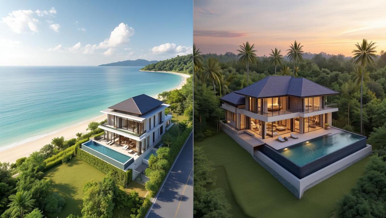 A side-by-side visual comparison of a villa in Phuket (smaller, oceanfront) versus a villa in Koh Samui (larger, more land, panoramic view).